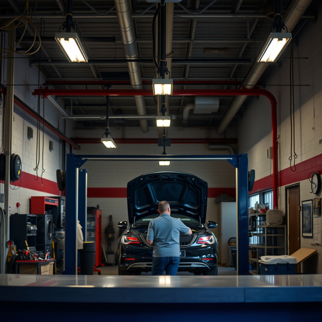 Mechanic working on a vehicle inside an auto repair shop in Columbus, OH.