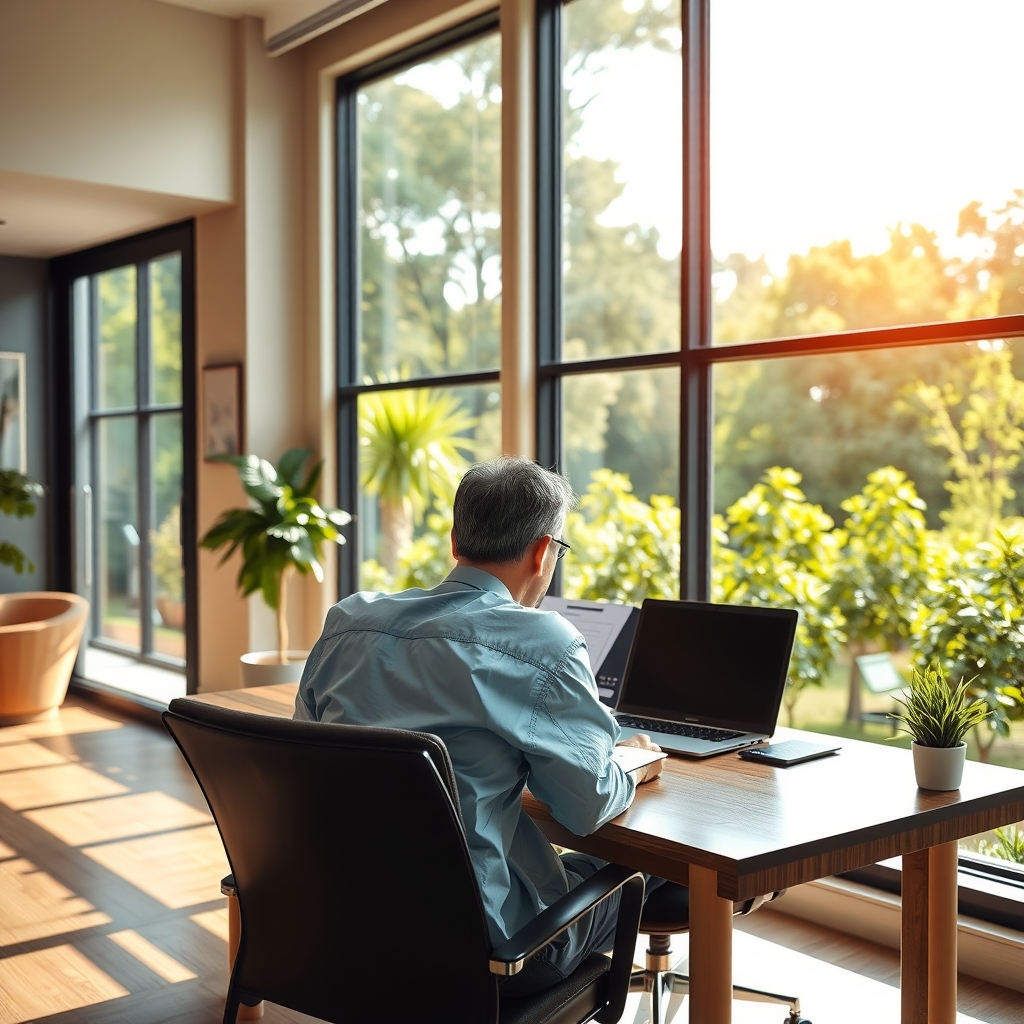 Independent insurance agency office in Atlanta, GA with an agent working at a desk in natural light.