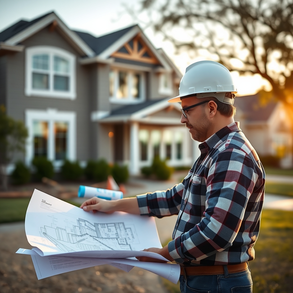 Custom home builder reviewing blueprints on a construction site in Dallas, TX.