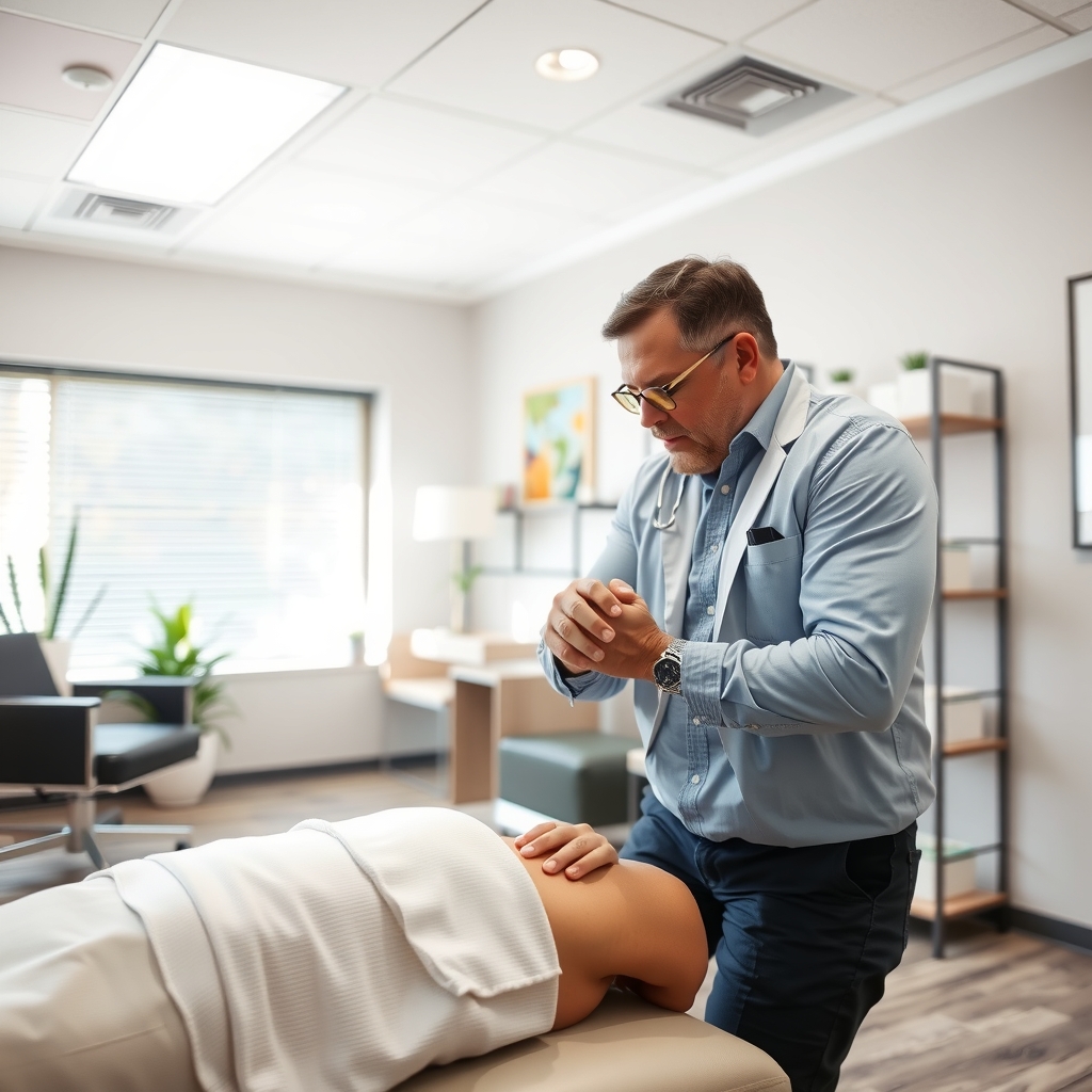 A chiropractor consulting with a patient in a modern wellness clinic in Dallas, TX.
