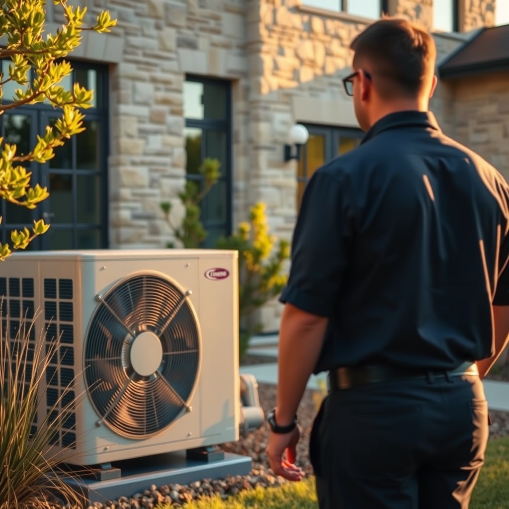 HVAC technician servicing a residential air conditioning unit outside a home in Austin, TX.