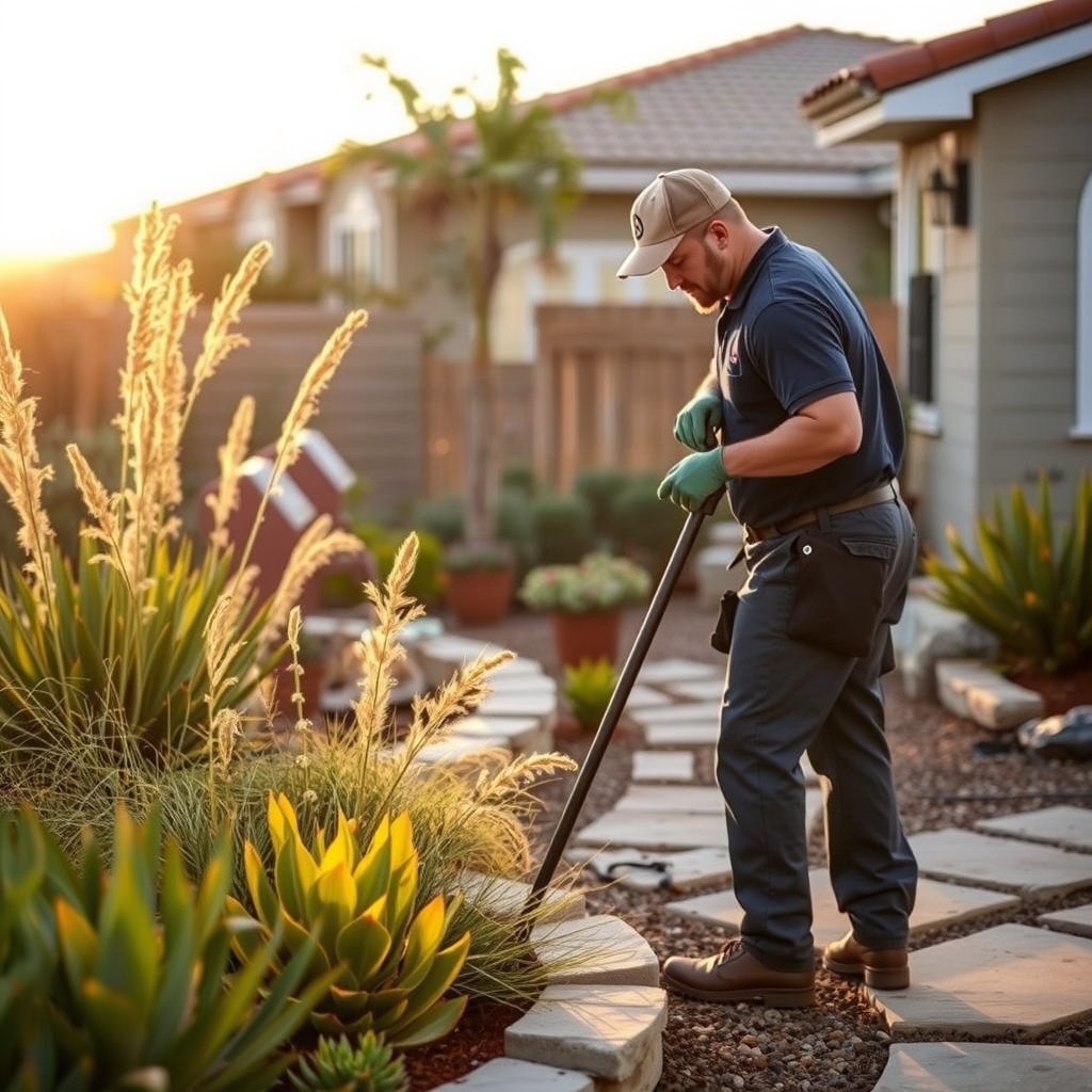 Professional landscaper working on a drought-tolerant yard in San Diego, CA