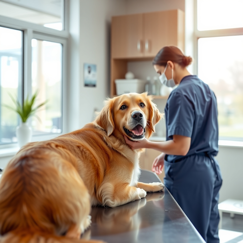 Veterinarian examining a dog in a modern Nashville, TN clinic setting with warm natural light.