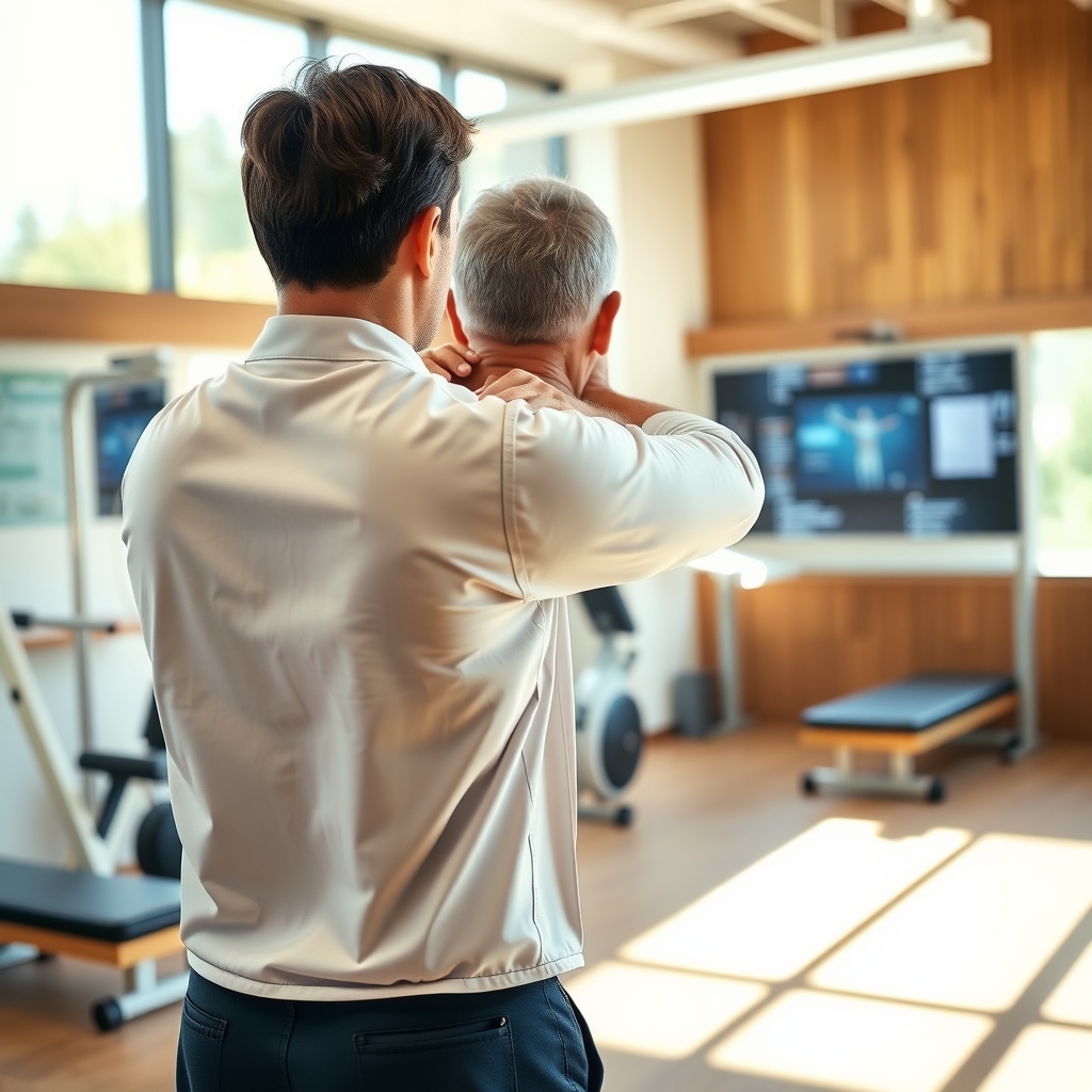 Physical therapist assisting a patient with mobility exercises in a modern rehabilitation clinic in San Diego, CA.