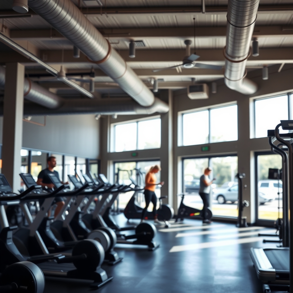 Modern fitness studio interior in Austin, TX with workout equipment and natural light