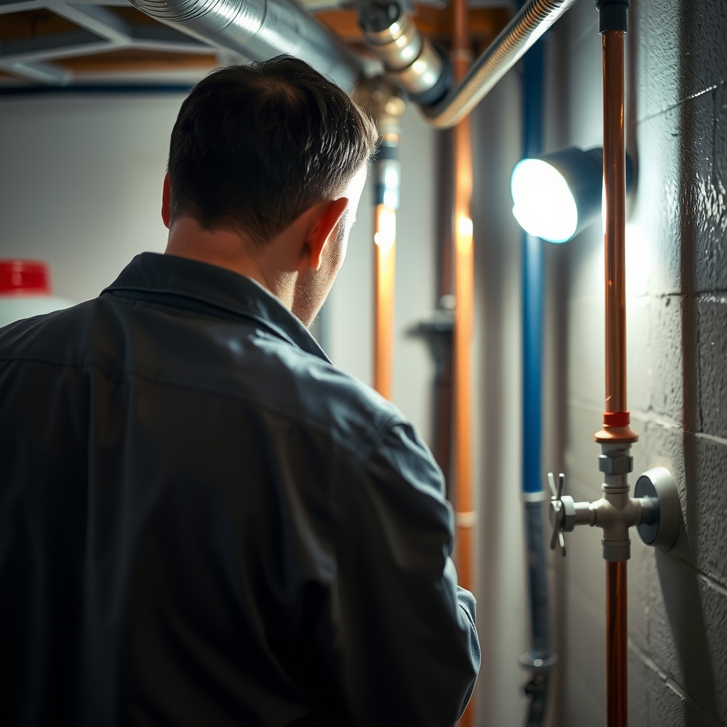 Plumber working on copper water pipes in a residential basement in Columbus, OH