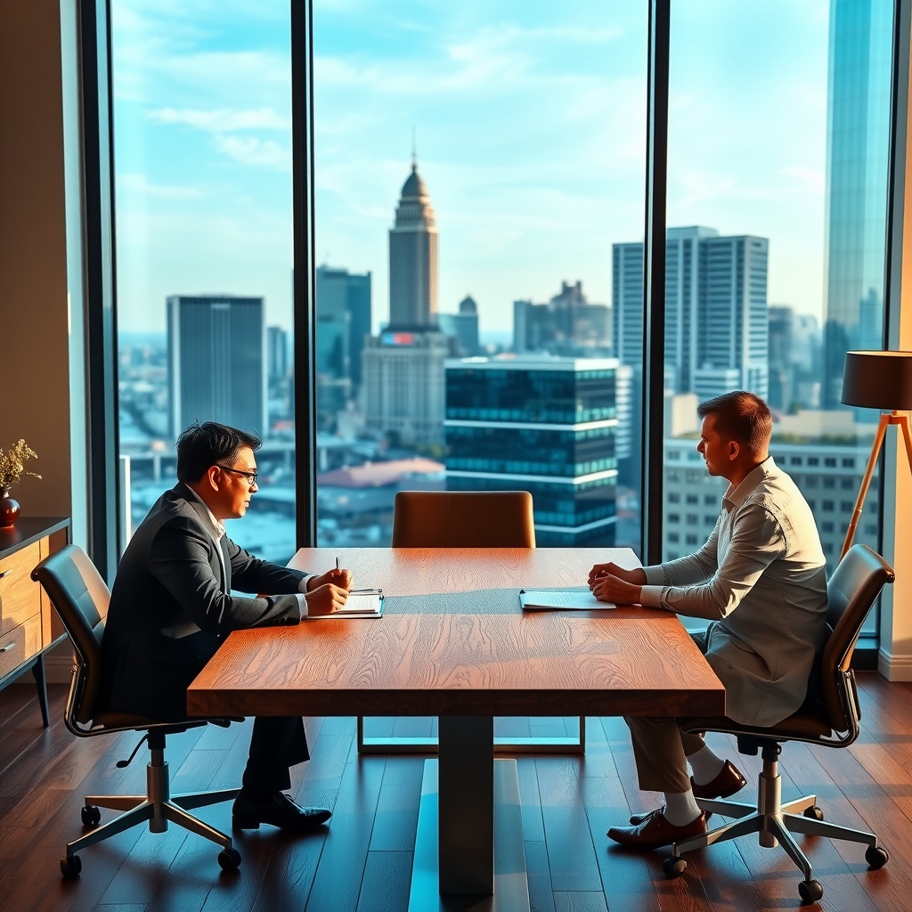 A financial advisor meeting with clients in a modern Atlanta, GA office overlooking the city.