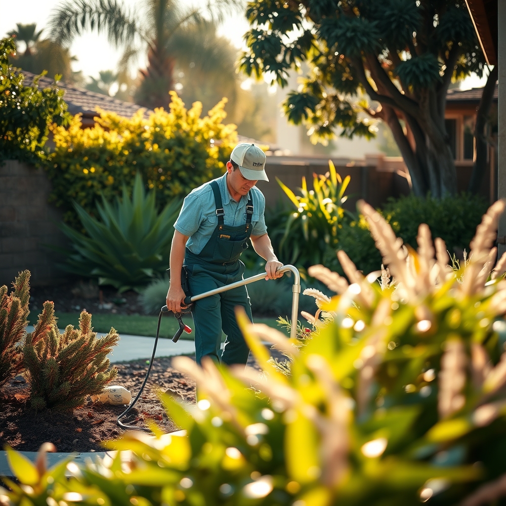 Landscaper working in a residential yard in San Diego, CA