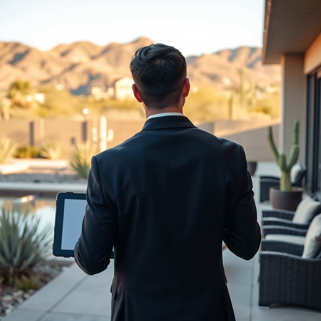 Real estate agent in Phoenix, AZ reviewing listing materials during golden hour overlooking desert landscape.
