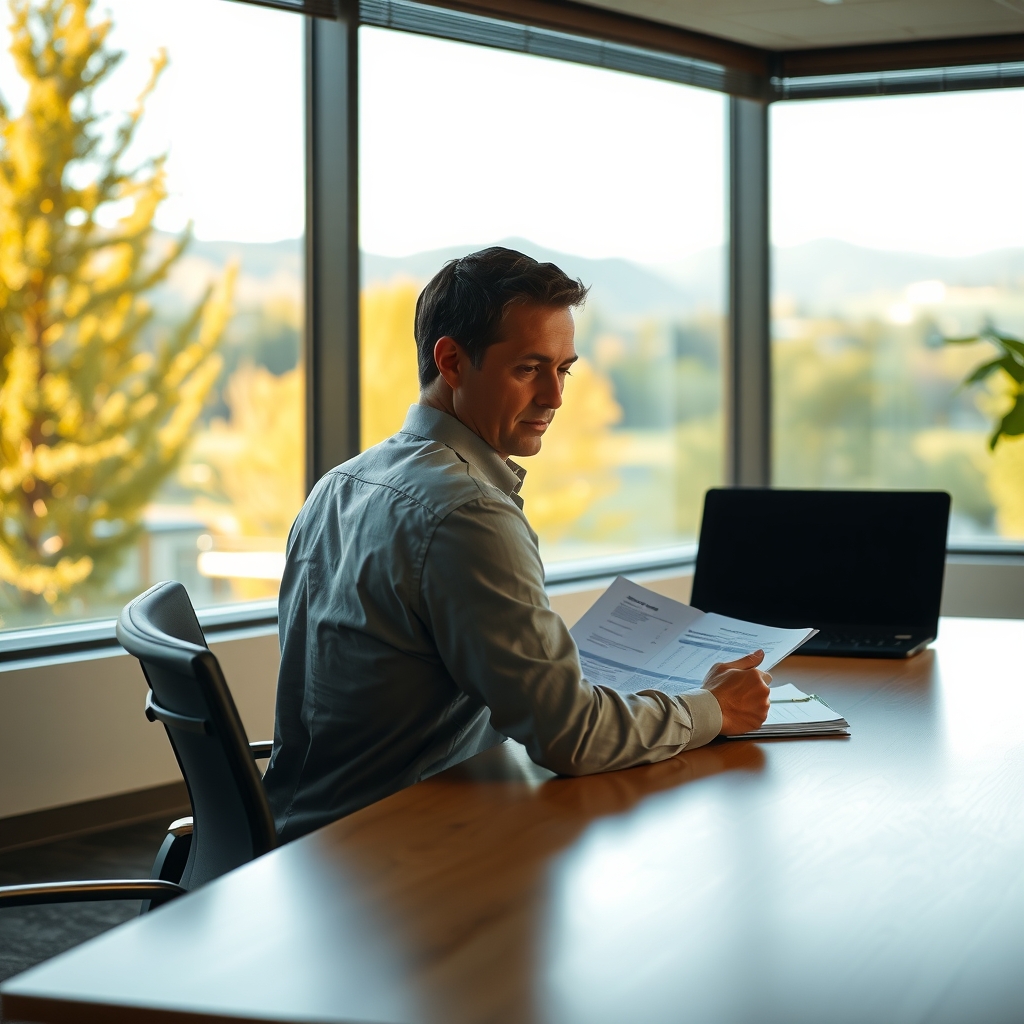 Contemporary financial advisor office in Boise, ID overlooking natural scenery during a planning session.