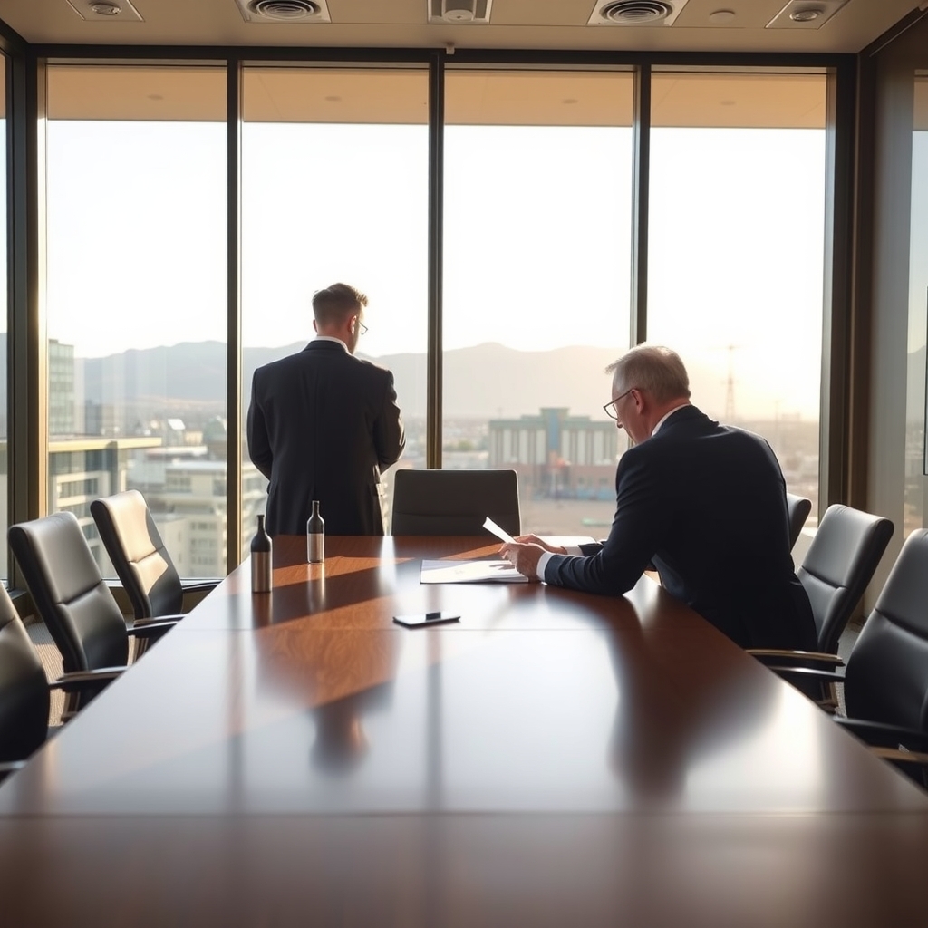 Attorneys in a modern Denver, CO law office reviewing legal documents near windows with natural light.