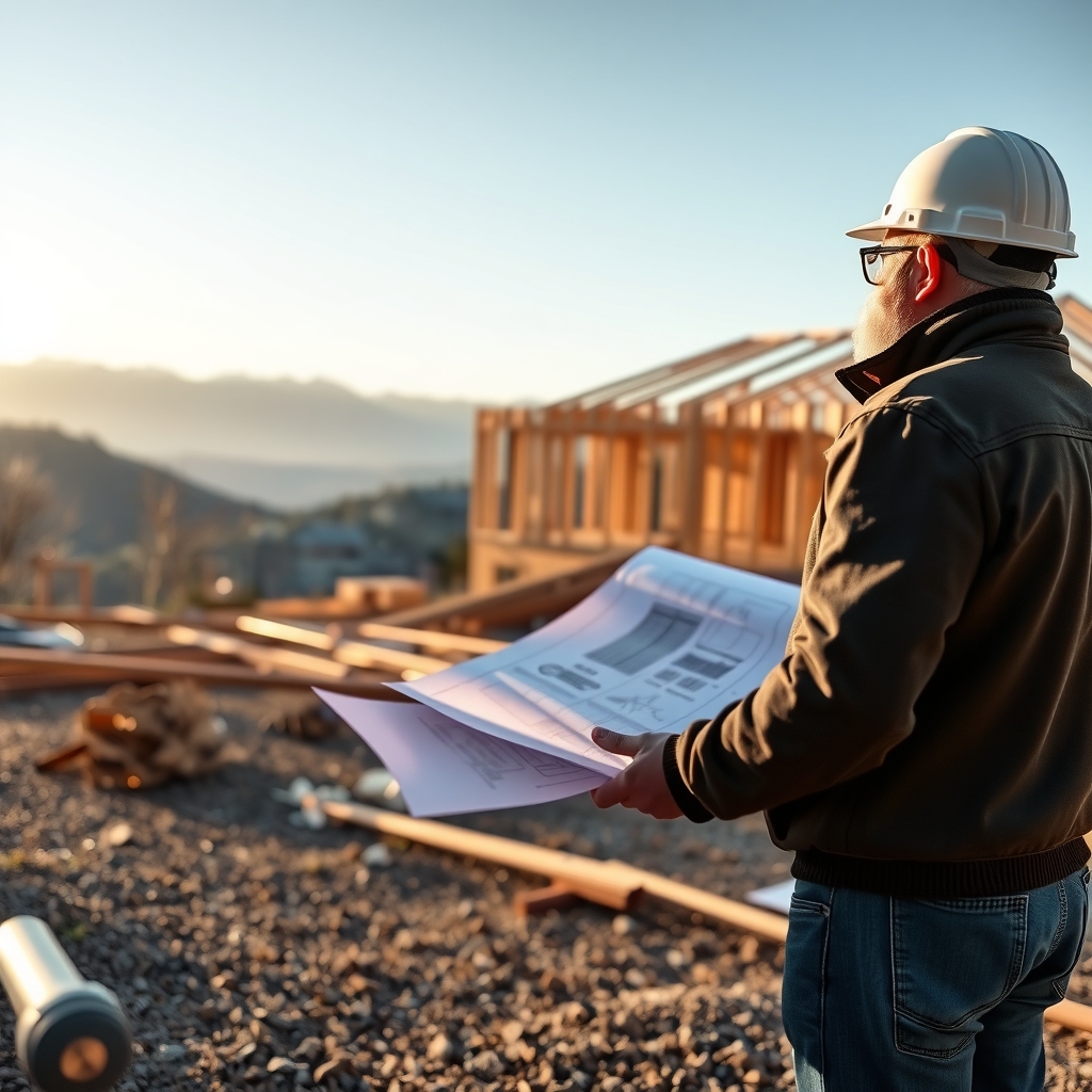 Home builder reviewing architectural plans on a job site in Salt Lake City, UT.