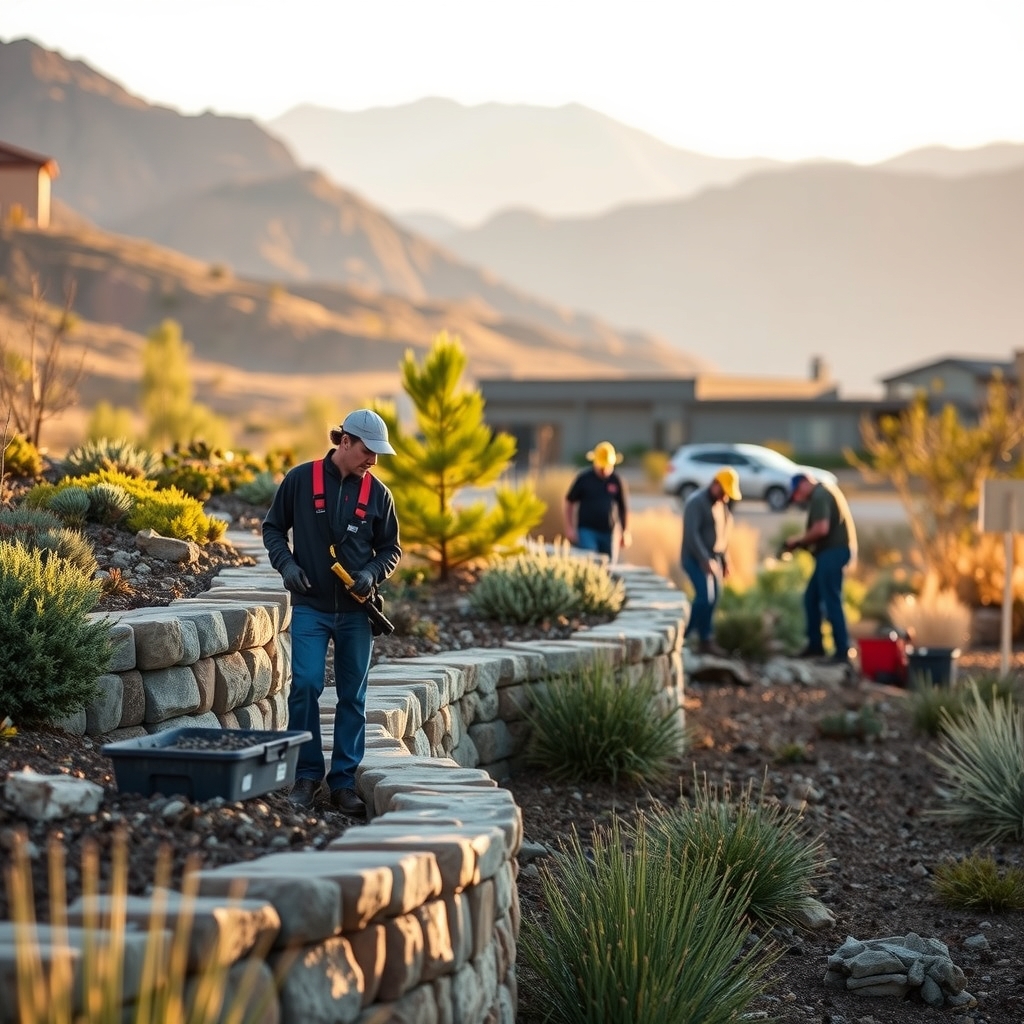 Landscaping crew installing stone retaining wall in Colorado Springs, CO residential foothills.