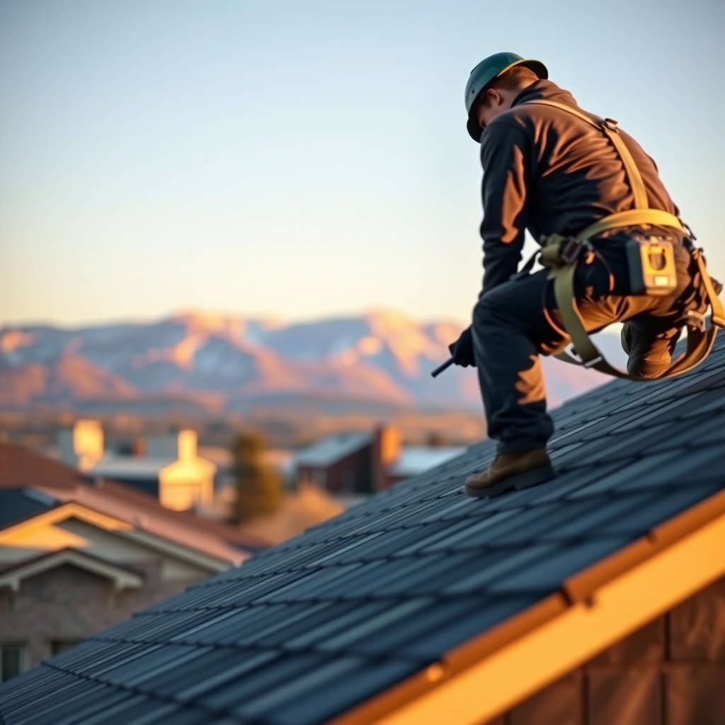 Professional roofer installing shingles on a home in Denver, CO during golden hour with mountains in the background