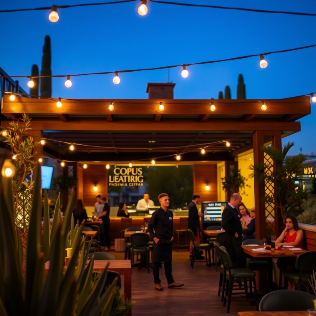 Warm evening outdoor restaurant patio dining room in Phoenix, AZ with shaded desert lighting.