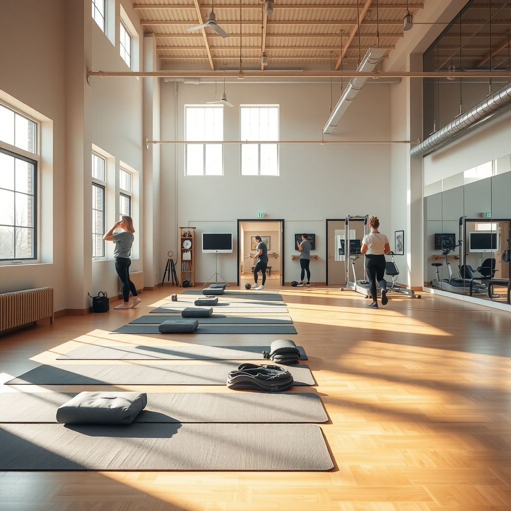 A bright, modern fitness studio in Fort Collins, CO with natural morning light and clean exercise equipment.