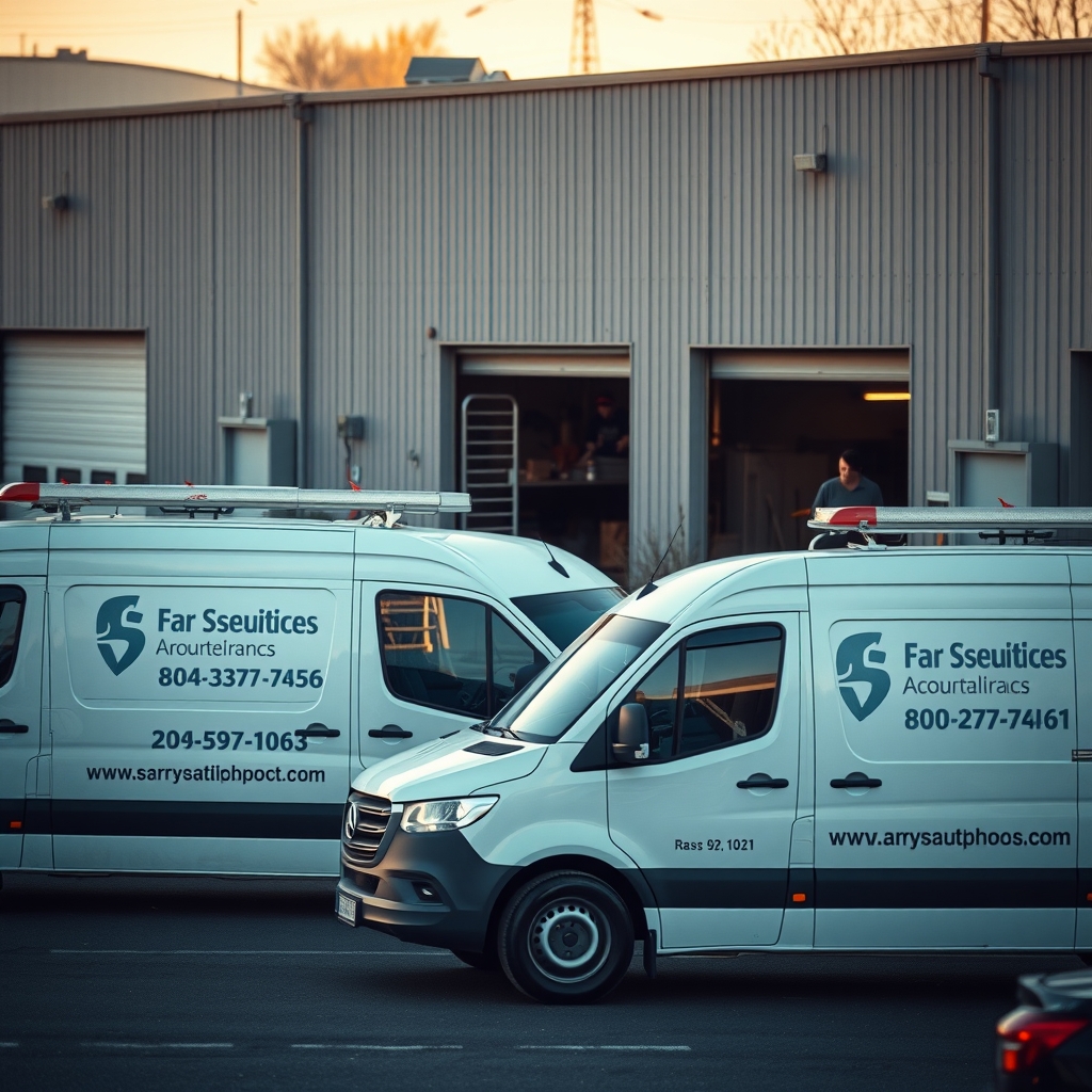 Service vehicles parked outside an HVAC company facility in Boise, ID during late afternoon light