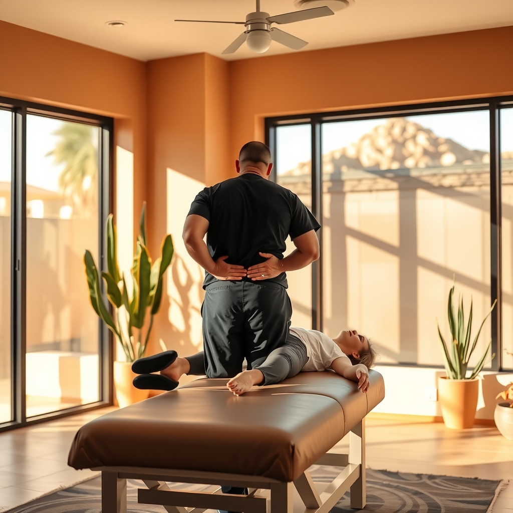 Chiropractic adjustment in a sunlit Phoenix, AZ clinic with modern treatment equipment.
