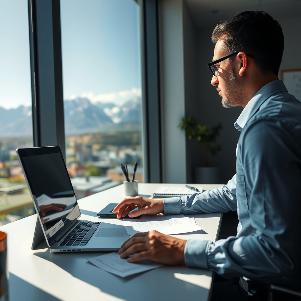 An accountant working in an office with mountain views in Salt Lake City, UT.
