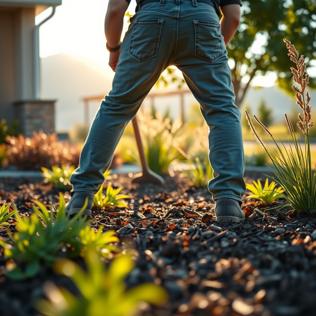 Landscaper working on a residential property in Salt Lake City, UT with mountain views