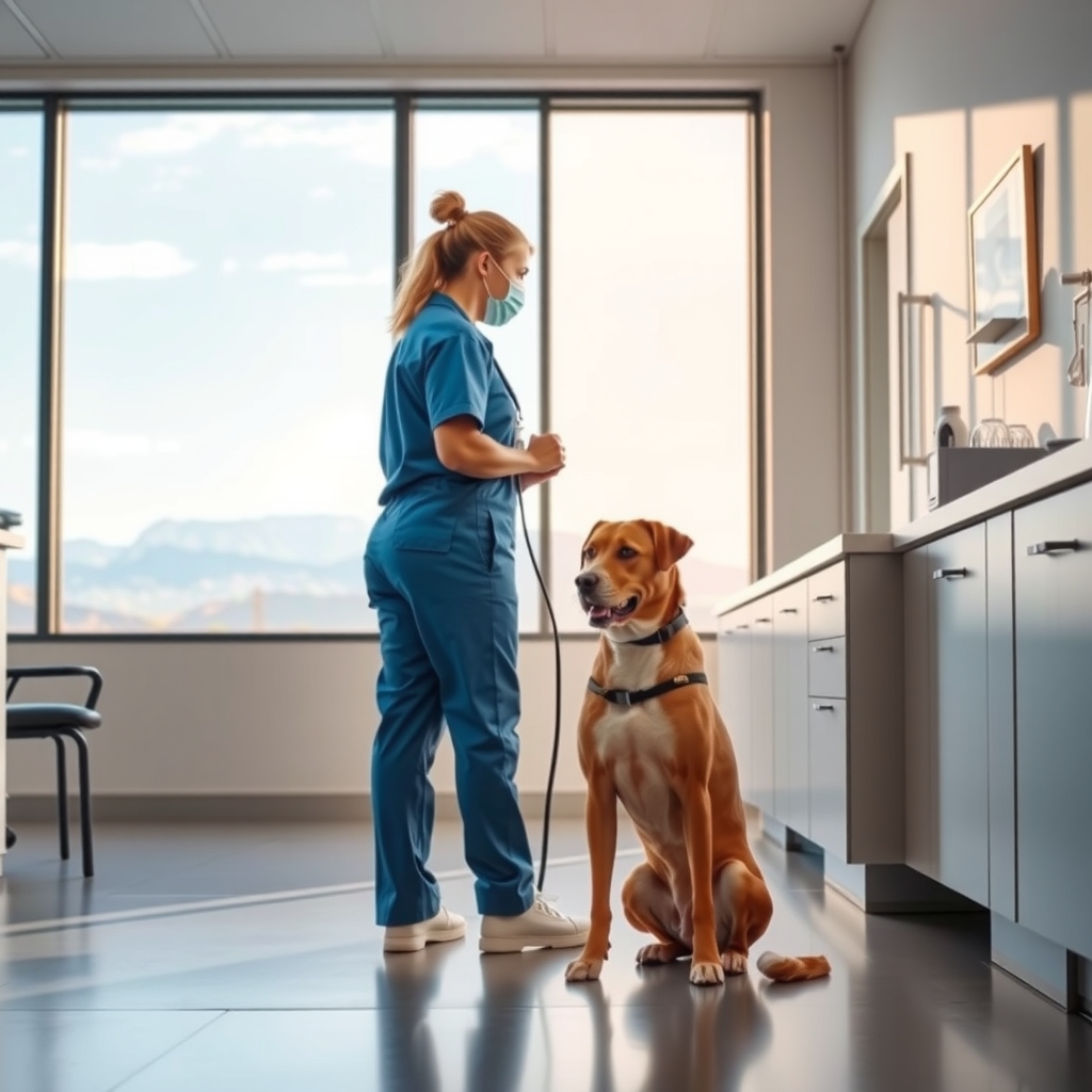Veterinarian consulting with a client in a sunlit clinic in Salt Lake City, UT