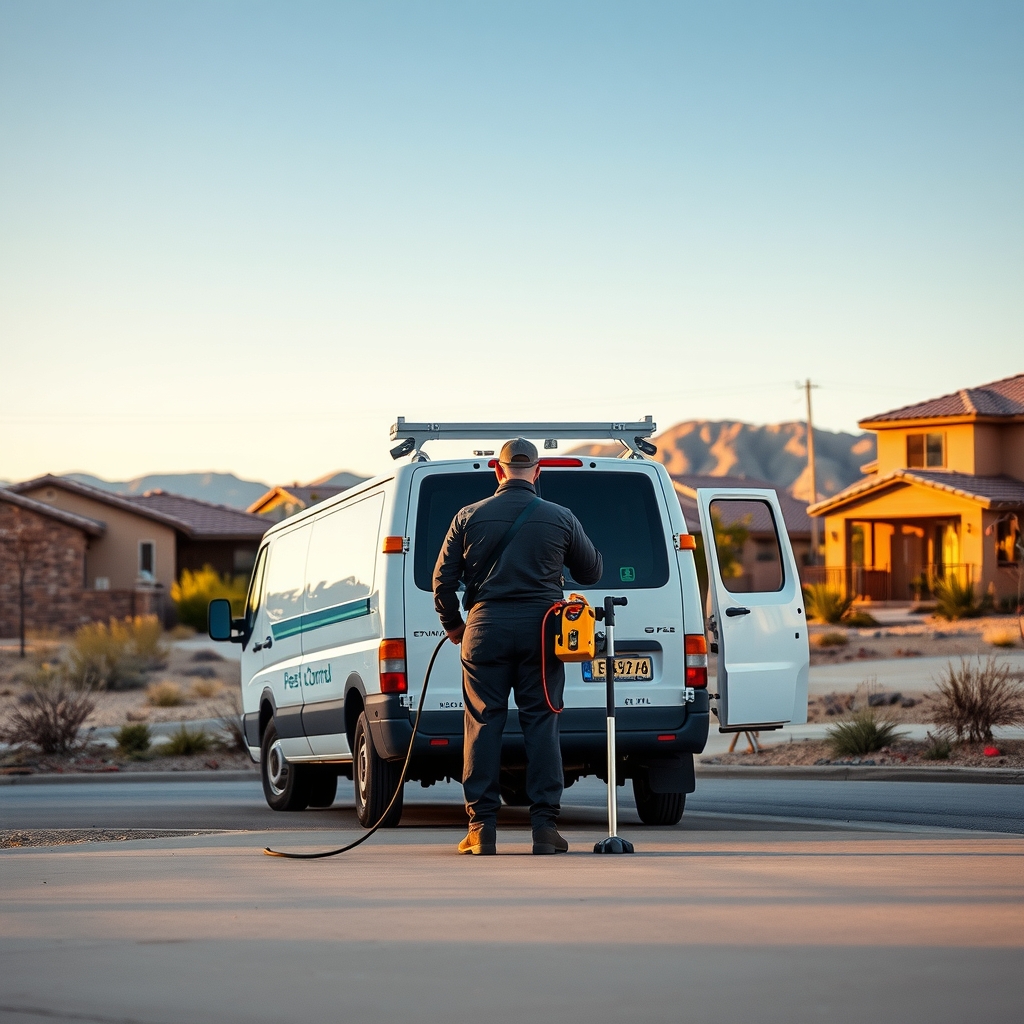 A pest control technician preparing equipment near a service truck in a residential neighborhood of Albuquerque, NM.