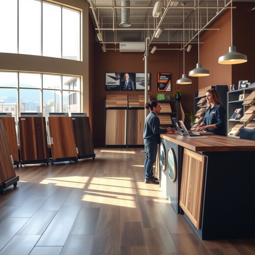 Flooring store showroom interior with wood and tile samples in Orem, UT.