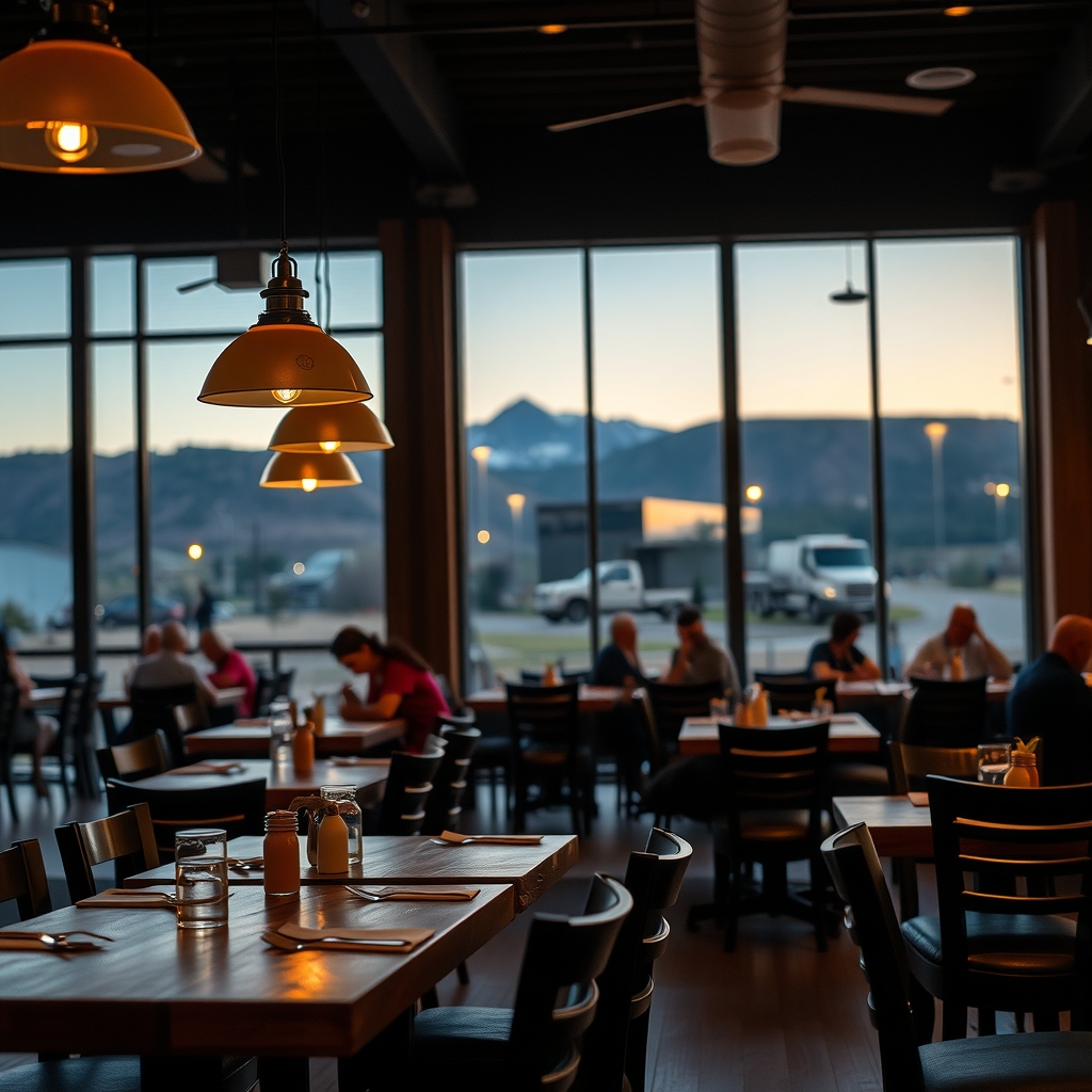 Interior view of a cozy local restaurant in Pleasant Grove, UT with warm lighting and diners at tables.
