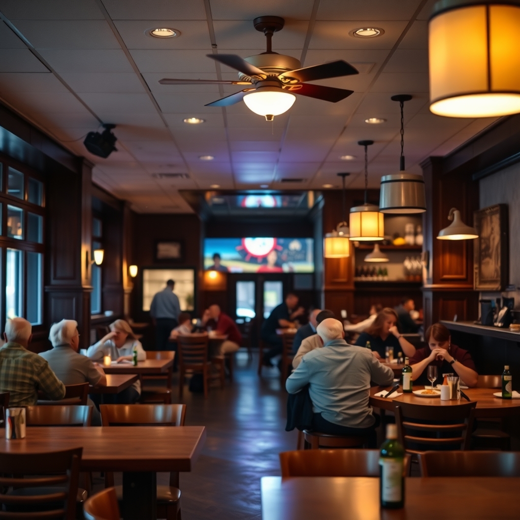 Warm interior of a restaurant in Provo, UT with diners enjoying evening dinner service.
