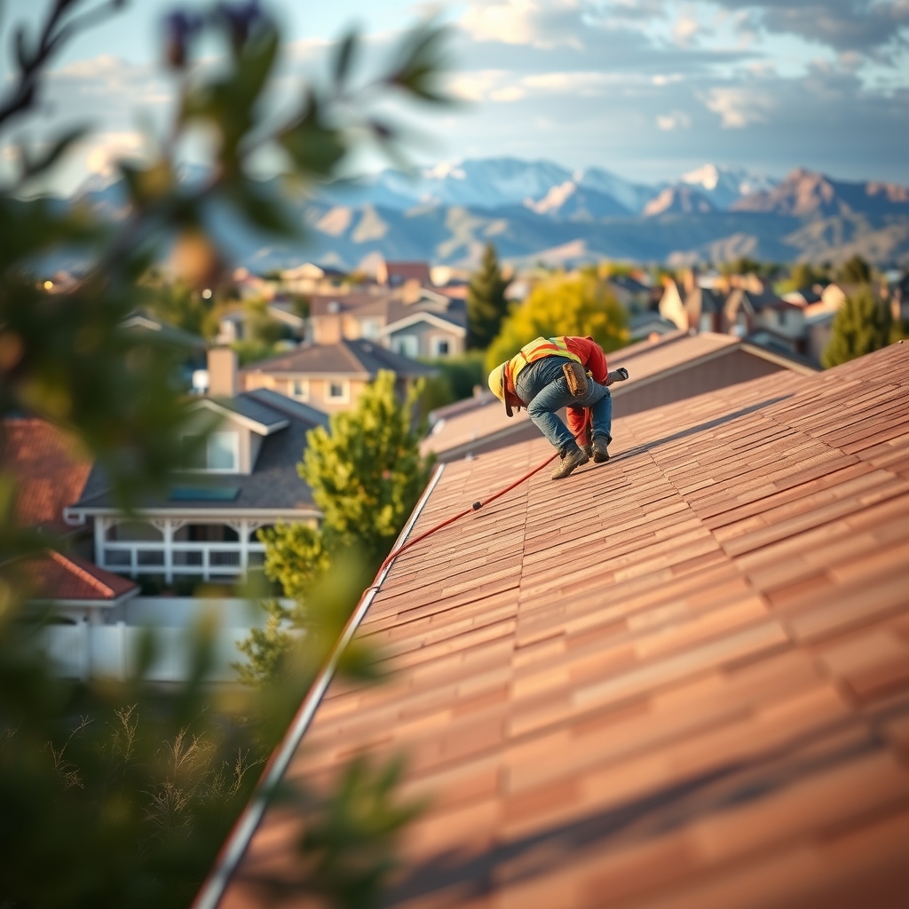 A roofer working on a home in Highland, UT with mountains in the background